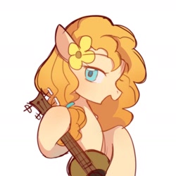 Size: 1536x1536 | Tagged: safe, artist:twily27889053, pear butter, earth pony, pony, the perfect pear, bust, colored pupils, cute, female, guitar, mare, musical instrument, open mouth, pearabetes, profile, simple background, solo, white background