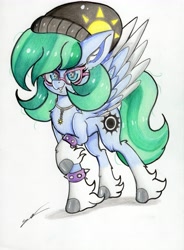 Size: 4911x6665 | Tagged: safe, artist:luxiwind, oc, oc:soul emblem, pegasus, pony, absurd resolution, female, glasses, hat, mare, solo, spiked wristband, traditional art, wristband