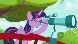 Size: 2100x1180 | Tagged: safe, screencap, twilight sparkle, twilight sparkle (alicorn), alicorn, pony, twilight's kingdom, female, golden oaks library, hoof hold, mare, one eye closed, solo, telescope, tree