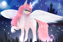 Size: 1200x800 | Tagged: safe, artist:almond evergrow, alicorn, pony, castle, chest fluff, cursed, cursed image, eyeshadow, female, fluffy, furby, glow, glowing horn, god is dead, hoof fluff, horn, leg fluff, lidded eyes, looking at you, magic, magical, makeup, mare, moon, mythical, night, not salmon, open mouth, parody, raised hoof, silhouette, smiling, solo, spread wings, unshorn fetlocks, wat, what has science done, where is your god now?, wing fluff, wings, wtf
