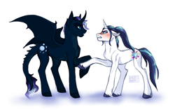 Size: 1410x886 | Tagged: safe, artist:butteredpawpcorn, oc, oc only, oc:nova, oc:princess valiance, dracony, dragon, hybrid, pony, unicorn, duo, female, floppy ears, looking at each other, magical lesbian spawn, male, mare, next generation, not gleaming shield, offspring, parent:princess cadance, parent:princess ember, parent:princess luna, parent:shining armor, parents:emberluna, parents:shiningcadance, red face, simple background, stallion, unshorn fetlocks, white background