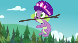 Size: 720x399 | Tagged: safe, screencap, spike, spike the regular dog, dog, better together, choose your own ending, equestria girls, lost and pound, lost and pound: spike, male, paw pads, paws, sky, spike's dog collar, spike's festival hat, stick, underpaw