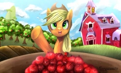 Size: 1000x599 | Tagged: safe, artist:totorasaito, applejack, earth pony, pony, apple, apple tree, cloud, cute, female, jackabetes, mare, open mouth, sky, smiling, solo, sweet apple acres, tree, waving