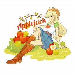 Size: 3010x3010 | Tagged: safe, artist:aina_umeda, applejack, better together, equestria girls, apple, beautiful, boots, female, food, shoes, solo