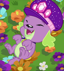 Size: 353x389 | Tagged: safe, screencap, spike, spike the regular dog, dog, better together, choose your own ending, equestria girls, lost and pound, lost and pound: spike, cropped, cute, eyes closed, happy, male, paw pads, paws, smiling, solo, spikabetes, spike's dog collar, spike's festival hat, tail, underpaw