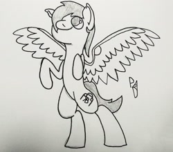 Size: 2665x2340 | Tagged: safe, artist:prince dazzle, oc, oc only, oc:zephyrhooves, pegasus, pony, artificial wings, augmented, bipedal, black and white, grayscale, lineart, looking up, male, mechanical wing, monochrome, rearing, sketch, solo, spread wings, stallion, traditional art, wings