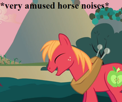 Size: 540x450 | Tagged: safe, edit, edited screencap, screencap, big macintosh, pony, hearts and hooves day (episode), amused, apple tree, cropped, cute, descriptive noise, horse collar, horse noises, laughing, macabetes, reaction image, tree