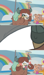 Size: 1356x2284 | Tagged: safe, edit, edited screencap, screencap, smolder, yona, yak, 2 4 6 greaaat, blindfold, bow, cloven hooves, female, hair bow, meme template, monkey swings, peeking, simple background, template, transparent background