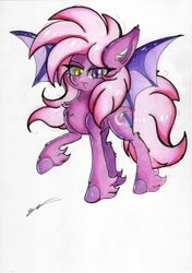 Size: 4920x6972 | Tagged: safe, artist:luxiwind, oc, oc:crimson nightmare, bat pony, pony, absurd resolution, heterochromia, male, pink pony, solo, stallion, traditional art