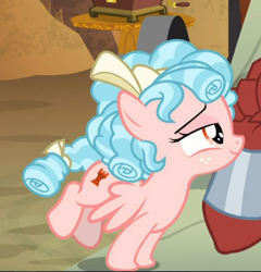 Size: 582x605 | Tagged: safe, screencap, cozy glow, lord tirek, pegasus, pony, frenemies (episode), cropped, female, filly, flying, freckles, lidded eyes, smiling, smirk, smug, solo focus