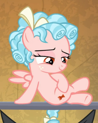 Size: 536x672 | Tagged: safe, screencap, cozy glow, lord tirek, pegasus, pony, frenemies (episode), cropped, female, filly, foal, freckles, lidded eyes, sitting, smiling, smug, solo focus, spread wings, wings