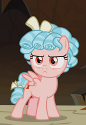 Size: 436x634 | Tagged: safe, screencap, cozy glow, pegasus, pony, frenemies (episode), bow, cozy glow is not amused, cozybetes, cropped, cute, female, filly, foal, freckles, frown, hair bow, solo, tail bow, unamused