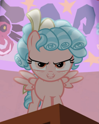 Size: 721x900 | Tagged: safe, screencap, cozy glow, grogar, lord tirek, pegasus, pony, frenemies (episode), cropped, evil grin, female, filly, freckles, grin, kubrick stare, smiling, solo