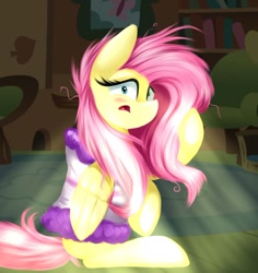 Size: 1024x1085 | Tagged: safe, artist:lcpegasister75, fluttershy, pegasus, pony, bathroom, bed hair, blushing, cute, female, fluttershy's cottage, mare, messy mane, shyabetes, sitting, solo, startled, surprised