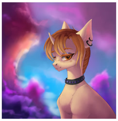 Size: 1280x1318 | Tagged: safe, artist:bastet-catmew, oc, pony, unicorn, bust, choker, ear piercing, male, one eye closed, piercing, portrait, solo, spiked choker, stallion, tongue out, wink