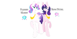 Size: 1255x637 | Tagged: safe, artist:magicuniclaws, princess flurry heart, oc, oc:rose petal, alicorn, pony, alicorn oc, cutie mark, duo, female, mare, offspring, older, older flurry heart, parent:princess cadance, parent:shining armor, parents:shiningcadance, peytral, princess, raised hoof, siblings, simple background, sisters, transparent background