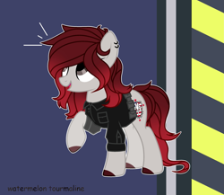 Size: 2487x2160 | Tagged: safe, artist:zephrrcue, oc, oc only, oc:laurie hartmare, earth pony, pony, belt, clothes, ear piercing, earring, female, jewelry, mare, open mouth, piercing, police, police officer, pouch, raised hoof, shirt, solo