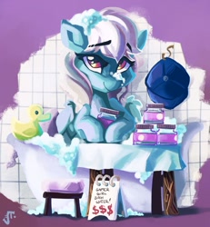 Size: 1280x1385 | Tagged: safe, artist:saxopi, oc, oc only, oc:ice, pegasus, pony, bath, bathtub, gamer girl bath water, hat, reference, rubber duck, solo