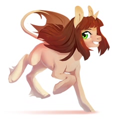 Size: 1193x1280 | Tagged: safe, artist:tavyapl, oc, oc only, pony, unicorn, breasts, female, grin, horn, leonine tail, looking at you, mare, profile, running, sideboob, simple background, smiling, smiling at you, solo, white background