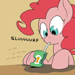 Size: 800x800 | Tagged: safe, artist:askthejuicebox, artist:docwario, derpibooru import, pinkie pie, oc, oc:juice box, earth pony, pony, apple juice, drinking, dying, implied death, juice, juice box, masochism, pain