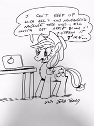 Size: 3024x4032 | Tagged: safe, artist:debmervin, applejack, earth pony, pony, computer, monochrome, solo