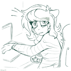 Size: 975x975 | Tagged: safe, artist:skoon, wallflower blush, anthro, earth pony, equestria girls, clothes, computer, crying, eye clipping through hair, female, floppy ears, holding, laptop computer, looking at you, mare, memory stone, misleading, misleading thumbnail, monochrome, sitting, solo, sweater, teary eyes