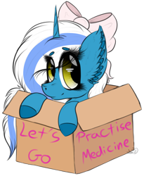 Size: 810x986 | Tagged: safe, artist:beamybutt, oc, oc:fleurbelle, alicorn, pony, alicorn oc, bow, box, colored hooves, cute, ear fluff, eye clipping through hair, female, golden eyes, hair bow, looking at you, mare, pony in a box, simple background, smiling, sweet, transparent background, wingding eyes