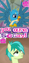 Size: 556x1212 | Tagged: safe, artist:horsesplease, gallus, sandbar, earth pony, griffon, pony, 69 (number), caption, crossed arms, expand dong, exploitable meme, gallbar, gay, image macro, insanity, lip bite, male, meme, shipping, spread wings, super gay, text, wings