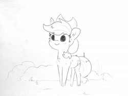 Size: 1920x1440 | Tagged: safe, artist:tjpones, applejack, earth pony, pony, chest fluff, cute, dirty, ear fluff, female, jackabetes, mare, messy mane, monochrome, smiling, solo, sweat, traditional art, twig