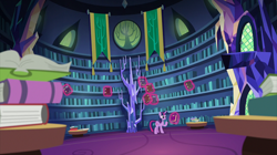 Size: 2100x1178 | Tagged: safe, screencap, twilight sparkle, twilight sparkle (alicorn), alicorn, pony, fame and misfortune, banner, book, crystal, female, library, magic, magic aura, mare, solo, telekinesis, twilight's castle, twilight's castle library