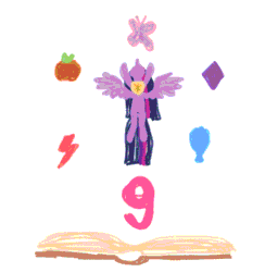 Size: 1366x1400 | Tagged: safe, artist:yoshimon1, princess twilight 2.0, twilight sparkle, twilight sparkle (alicorn), alicorn, pony, the last problem, animated, book of harmony, crayon effect, doodle, element of generosity, element of honesty, element of kindness, element of laughter, element of loyalty, female, flying, gif, happy birthday mlp:fim, mare, mlp fim's ninth anniversary, simple background, solo, white background