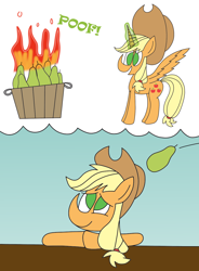 Size: 3674x5000 | Tagged: safe, artist:rainbowbacon, derpibooru import, applejack, alicorn, earth pony, pony, atg 2019, daydream, food, newbie artist training grounds, pear, whydidimakethis