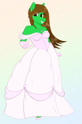 Size: 1872x2818 | Tagged: safe, artist:dyonys, oc, oc:lucky brush, anthro, earth pony, clothes, dress, female, freckles, gloves, jewelry, locket, looking at you, necklace, simple background, smiling