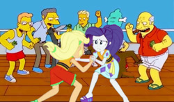 Size: 528x310 | Tagged: safe, edit, edited screencap, screencap, applejack, rarity, monkey, better together, equestria girls, spring breakdown, boe, knife, melvin van horne, moe syzlak, money, the simpsons