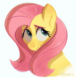 Size: 1744x1800 | Tagged: safe, artist:askometa, fluttershy, pegasus, pony, bust, cute, eyebrows, eyebrows visible through hair, female, looking sideways, mare, portrait, shyabetes, simple background, smiling, solo, three quarter view, white background