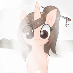 Size: 2000x2000 | Tagged: safe, alternate version, artist:poniidesu, pony, unicorn, /mlp/, blizzard, both cutie marks, brown mane, chest fluff, eye clipping through hair, eyebrows, female, hair bun, hairpin, horn, jewelry, looking at you, magic, mare, mei, mountain, overwatch, ponified, snow, snowfall, solo, video game, winter