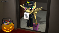 Size: 3840x2160 | Tagged: safe, artist:trailssfm, oc, oc:apogee, pegasus, pony, 3d, absurd resolution, clothes, costume, cute, fbi, fbi open up, female, filly, halloween, halloween costume, holiday, mouth hold, note, pumpkin, pumpkin bucket, solo, source filmmaker, spread wings, sunglasses, threat, trick or treat, trick or treating, uniform, wings