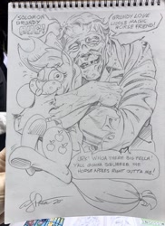 Size: 746x1024 | Tagged: safe, artist:andypriceart, applejack, earth pony, pony, :p, dc comics, female, freckles, hug, hugging a pony, manly guys doing manly things, mare, monochrome, photo, signature, smiling, solomon grundy, squeezing, tongue out, traditional art