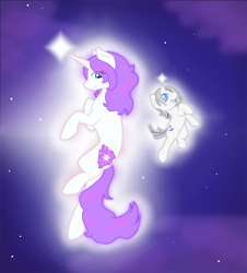 Size: 924x1024 | Tagged: safe, artist:ravenpuff, oc, oc only, oc:nebula, oc:star shot, pony, unicorn, duo, female, filly, flying, glowing horn, horn, levitation, magic, mare, night, self-levitation, stars, telekinesis, unicorn oc