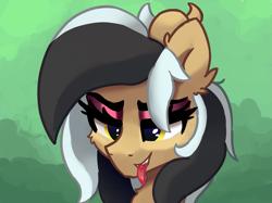 Size: 2885x2160 | Tagged: safe, artist:approximate, oc, oc:proxy, demon, demon pony, original species, abstract background, bedroom eyes, bust, eyeshadow, makeup, simple background, solo, tongue out