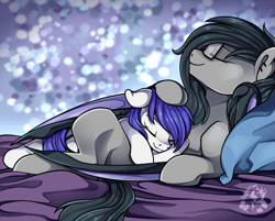 Size: 935x750 | Tagged: safe, artist:breioom, oc, oc only, oc:delta, oc:lexi, bat pony, earth pony, pony, bed, couple, cuddling, duo, glasses, hug, small pony, snuggling, winghug