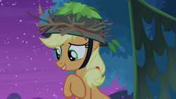 Size: 1920x1080 | Tagged: safe, derpibooru import, screencap, applejack, earth pony, pony, going to seed, helmet, night, solo