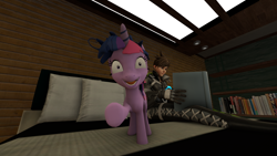 Size: 1920x1080 | Tagged: safe, artist:daydreamtracer, twilight sparkle, pony, 3d, bed, bin's toy bin, book, creepy twilight, female, mare, messy mane, overwatch, source filmmaker, tracer, twilight snapple