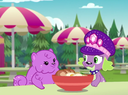 Size: 540x399 | Tagged: safe, screencap, princess thunder guts, spike, spike the regular dog, dog, better together, choose your own ending, equestria girls, lost and pound, lost and pound: spike, female, food, hat, noodles, paws, shipping fuel, spike's festival hat