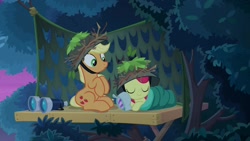 Size: 1920x1080 | Tagged: safe, derpibooru import, screencap, apple bloom, applejack, earth pony, pony, going to seed, binoculars, helmet, night, sleeping