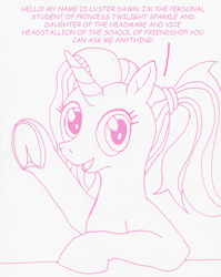 Size: 1280x1606 | Tagged: safe, artist:asklustiedawn, artist:edhelistar, luster dawn, pony, unicorn, the last problem, dialogue, female, frog (hoof), implied starburst, looking at you, luster dawn is starlight's and sunburst's daughter, mare, mixed media, monochrome, ponytail, simple background, solo, text, tumblr:ask luster dawn, underhoof, waving, white background