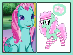 Size: 2048x1536 | Tagged: safe, artist:colorcodetheartist, minty, earth pony, pony, g3, clothes, comparison, frizzy hair, pink mane, redesign, socks, striped socks, sweatband