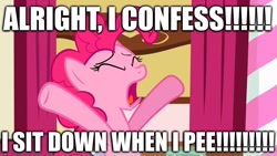 Size: 1280x720 | Tagged: safe, derpibooru import, edit, edited screencap, editor:useraccount, screencap, pinkie pie, earth pony, pony, the cutie pox, caption, confession, excessive exclamation marks, image macro, implied urination, implied urine, text