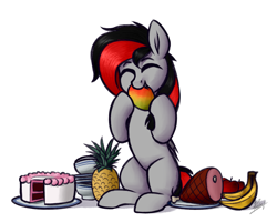 Size: 1875x1500 | Tagged: safe, artist:thepascaal, oc, oc:cinder, bat pony, eating, food, mango