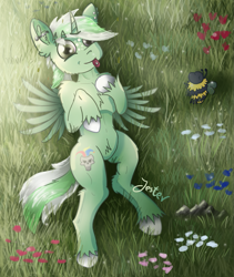 Size: 999x1184 | Tagged: safe, artist:jesterpi, oc, oc only, oc:buzbuz, oc:jester pi, bee, pegasus, pony, field, flower, grass, happy, horn, on side, piercing, rock, sunshine, tongue out